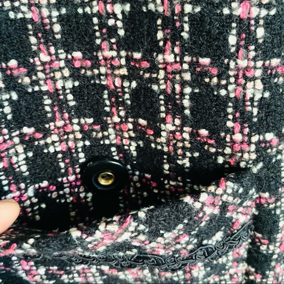VINTAGE Tweed Structured Blazer Cropped Jacket Black Pink Size 8P - Picture 9 of 13